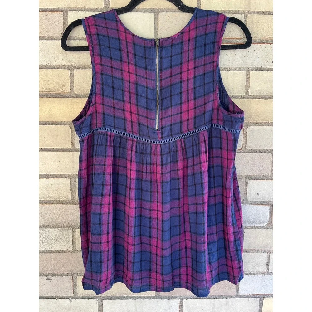 Knox Rose Purple Blue Plaid Sleeveless Crochet Trim Blouse Top Size Small - Picture 5 of 5